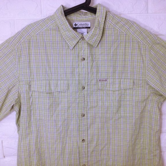 Vintage 90s Columbia Sport PFG Shirt OmniShade -XL Pockets Vented Plaid Green - Picture 2 of 10